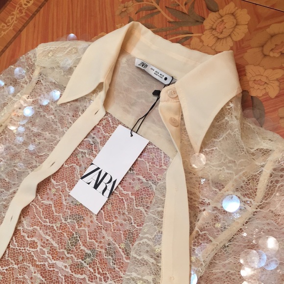 Zara Sequin Button Down semi sheer Cream Shirt Top sz.XS - Picture 12 of 16